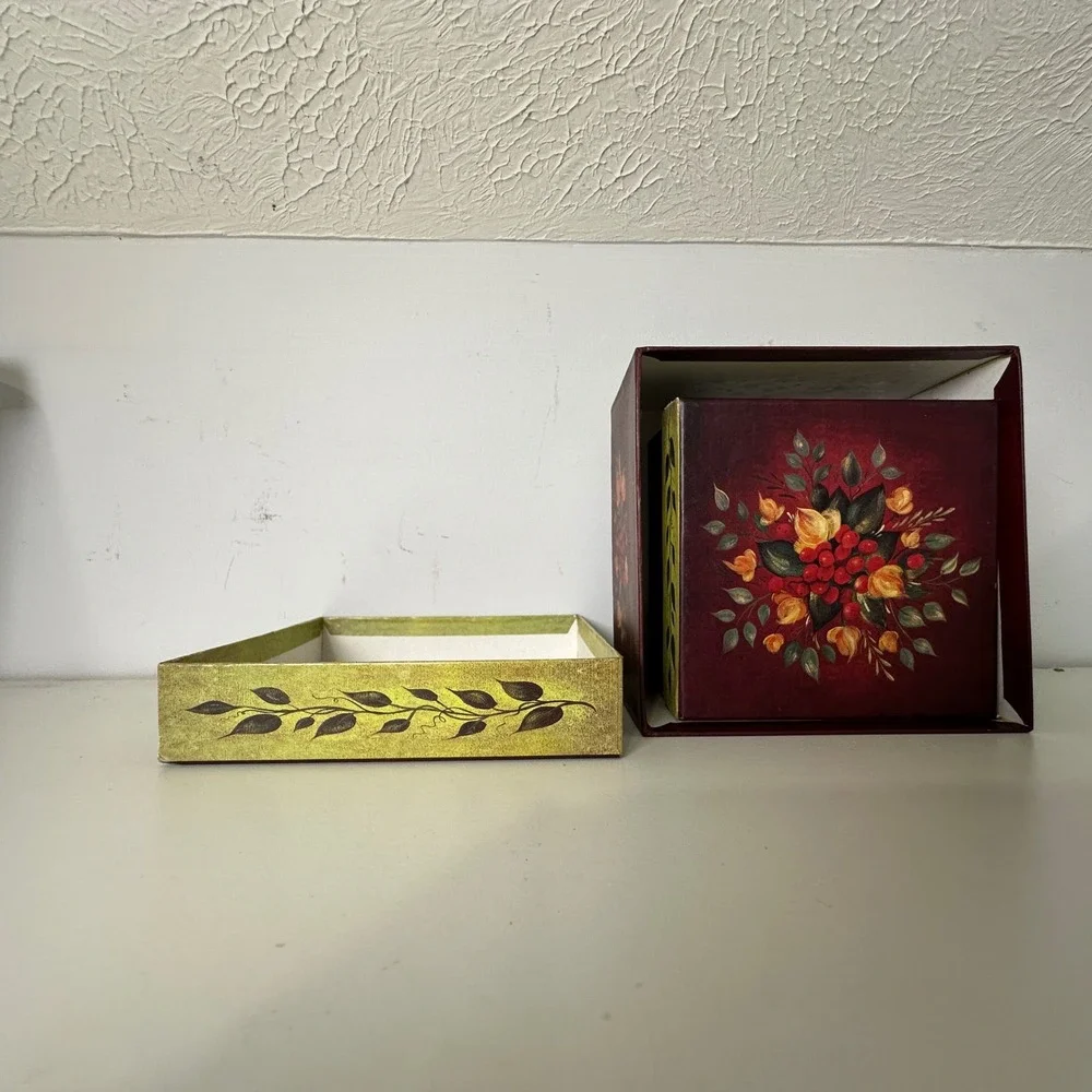 Vintage Style Nesting Gift Boxes Set of 3 Burgundy Floral Berry Folk Art Decor